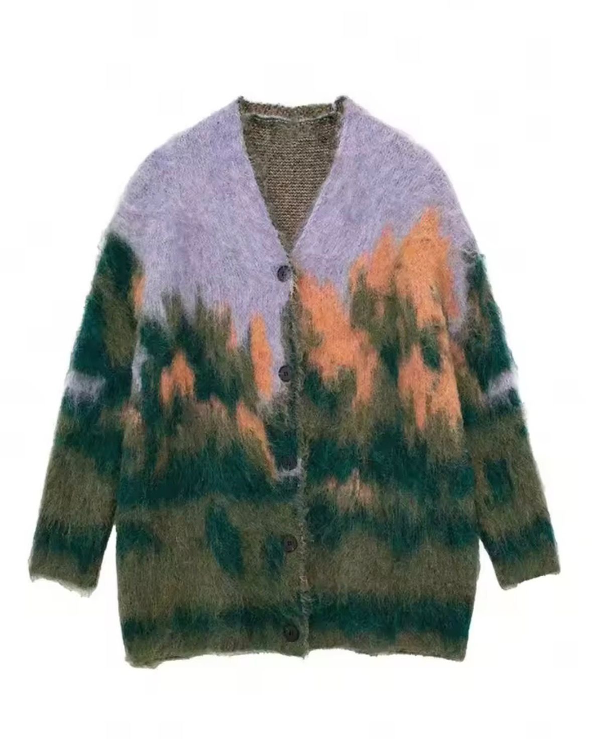 Print Cardigan Knitted V-neck Long