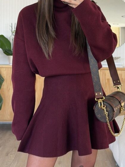 Knit Sweater Ruched A-line Mini Skirt Set