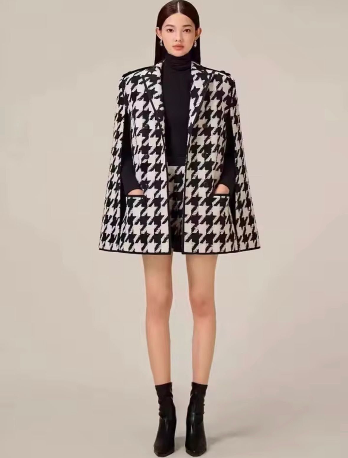 2 Pcs Set Notched Collar Tweed Split Cape