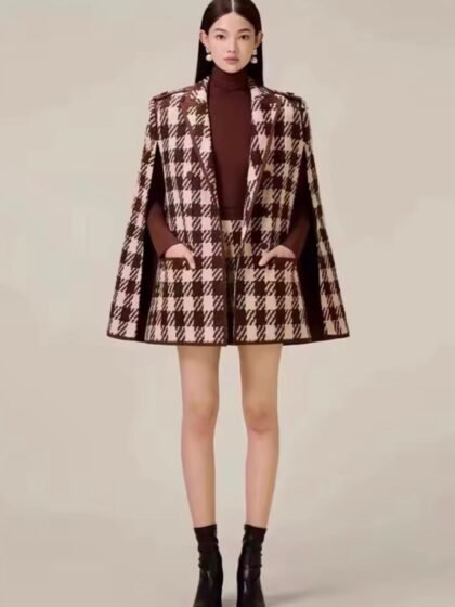 2 Pcs Set Notched Collar Tweed Split Cape