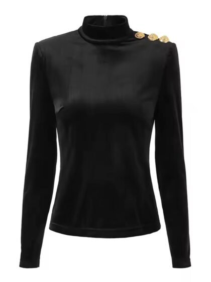 High Neck Long Sleeves Spliced Buttons High Waist Skirt Set