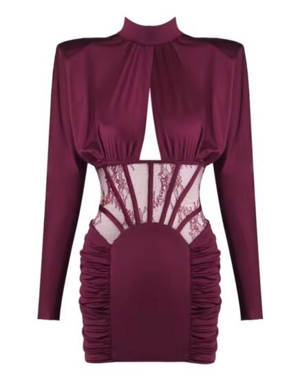 Burgundy Satin Mini Dress with Lace Corset