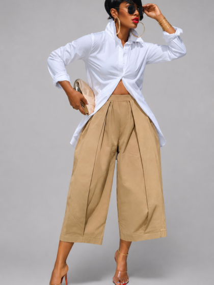 Khaki Wide-Leg Capri Trousers