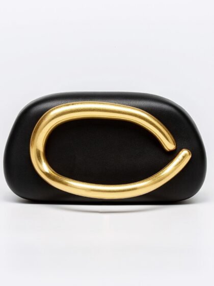 Sleek Metal-handled Leather Evening Clutch Bag