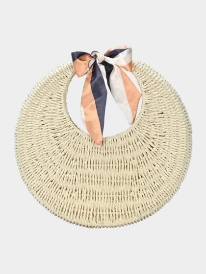 Straw Round Ribbon Handle Tote Bag