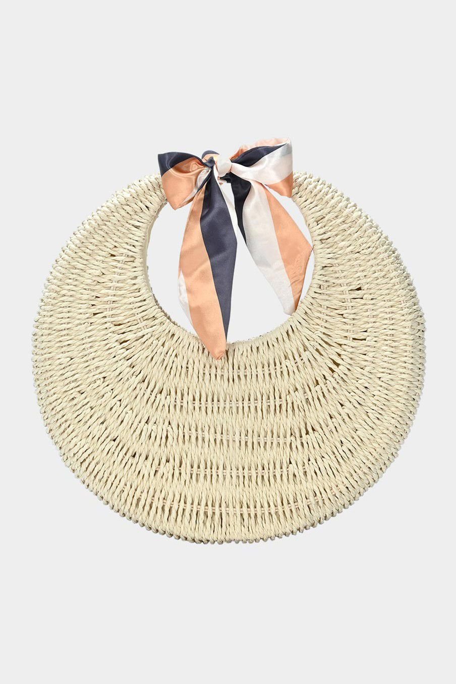 Straw Round Ribbon Handle Tote Bag