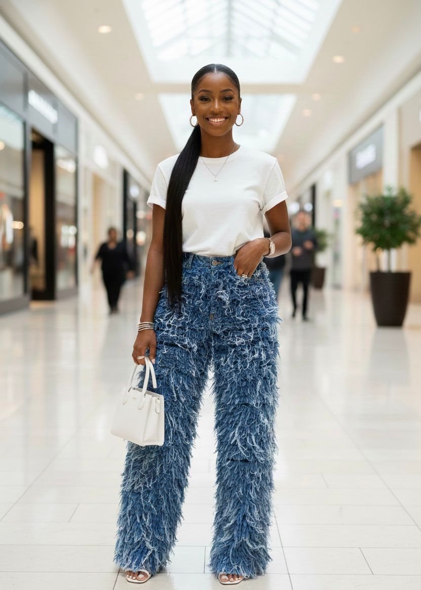 High Rise Layer Fringe Denim Fur Wide Leg Jeans
