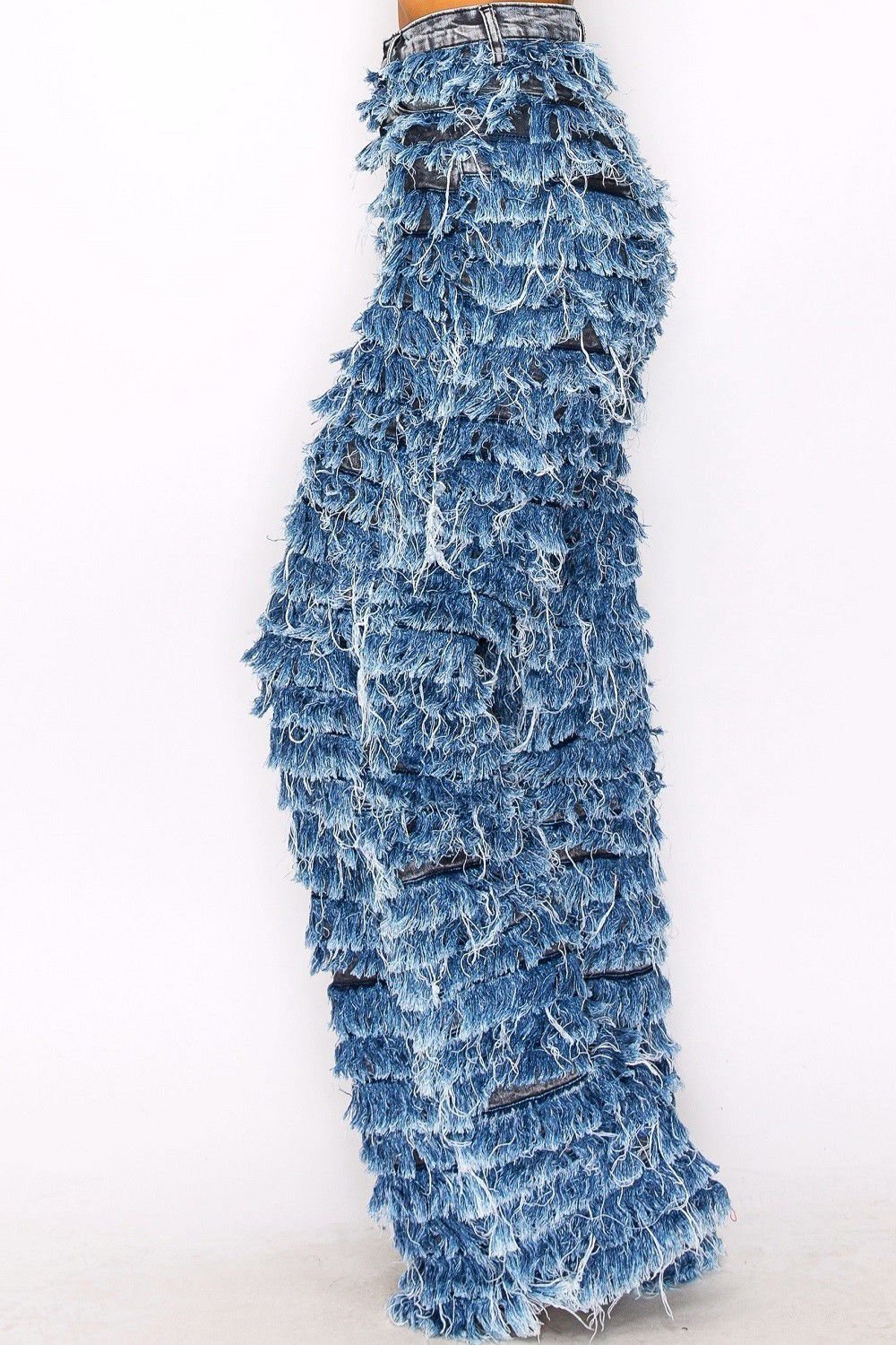 High Rise Layer Fringe Denim Fur Wide Leg Jeans