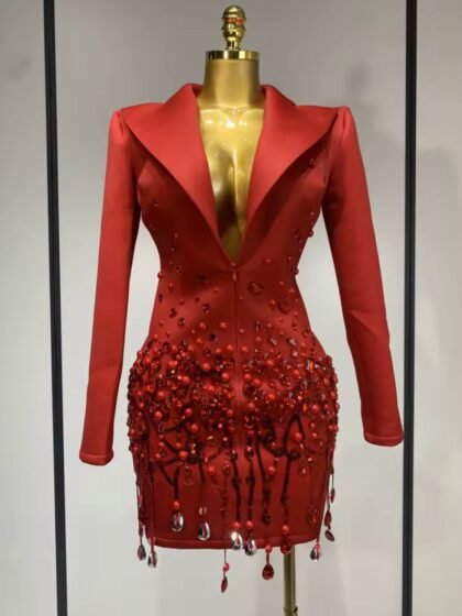 Deep V-Neck Slim Fit Red Suit Dress