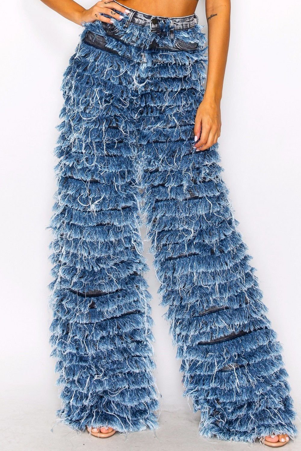 High Rise Layer Fringe Denim Fur Wide Leg Jeans