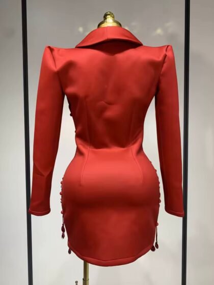Deep V-Neck Slim Fit Red Suit Dress