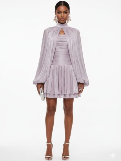 Lantern Sleeve Pleated Strapless Dress