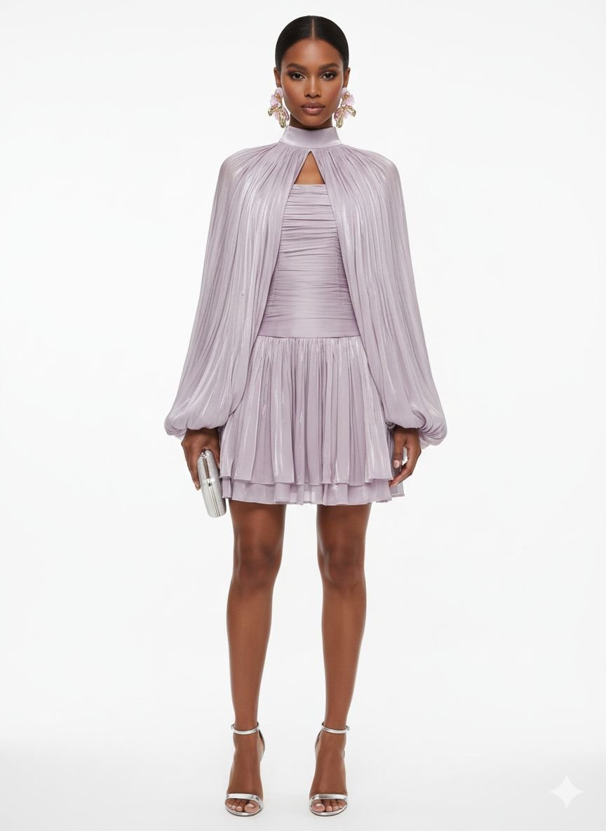 Lantern Sleeve Pleated Strapless Dress