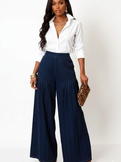 Wide Leg Pleated Indigo Denim Pants