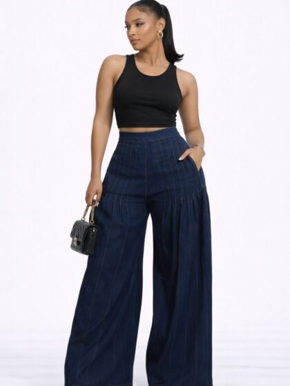 Wide Leg Pleated Indigo Denim Pants