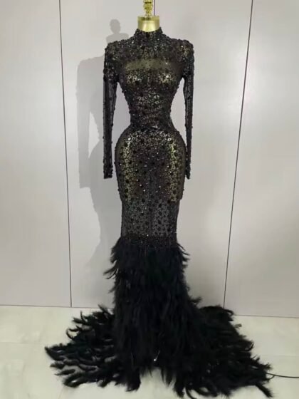 Rhinestones Bodycon Feather Dress