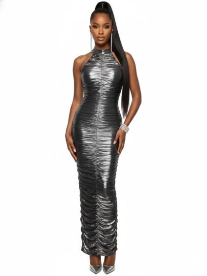 Abril Ruched Silver Glitter Backless Gown