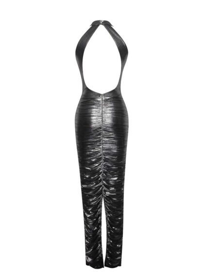 Abril Ruched Silver Glitter Backless Gown