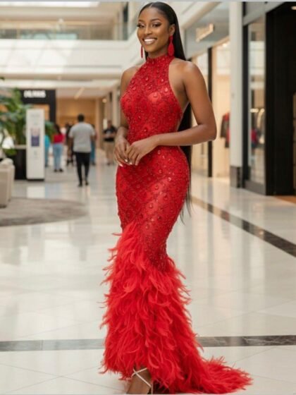 Sparkly Rhinestones Feather Sexy Mesh Long Dress