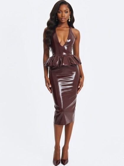 Jaslene Mahogany Peplum Plunge Halter MIdi Dress