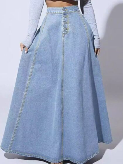 Denim Single-Breasted Flared A-line Skirt