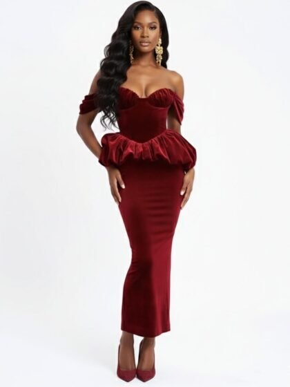 Abigail Velvet Bubble Hem Peplum Maxi Dress