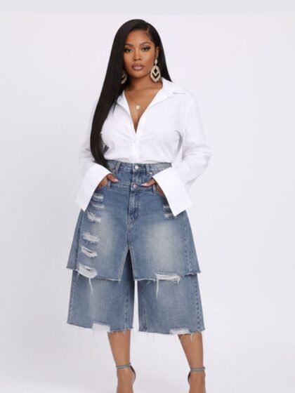 Double Layer Denim Bermuda Shorts