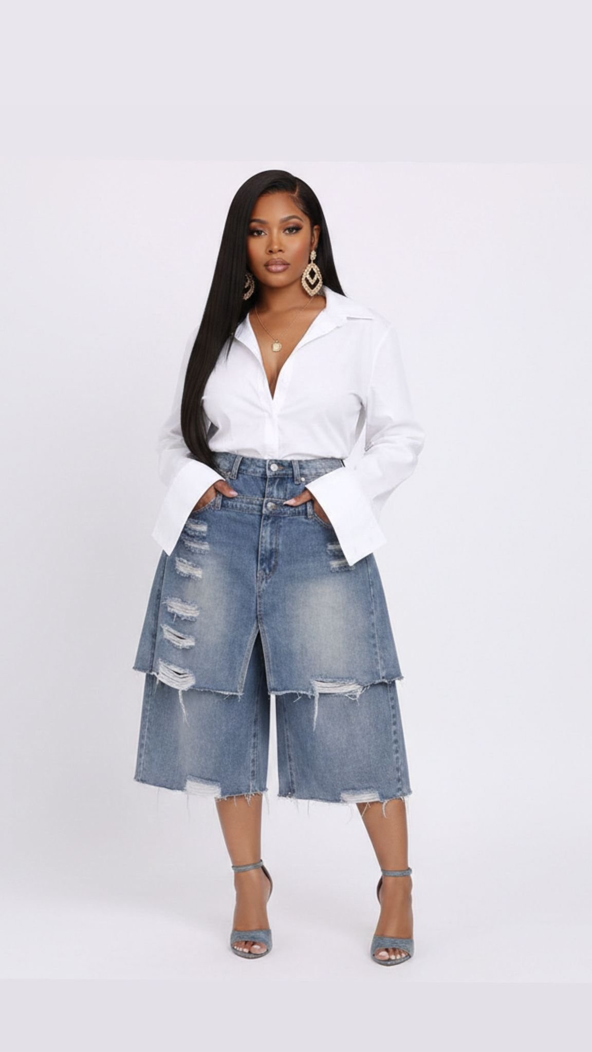Double Layer Denim Bermuda Shorts