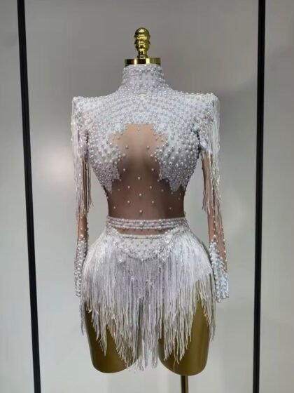 Rhinestone Sequin Tassel Stretch Bodysuit