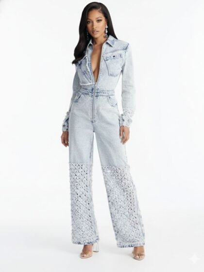 Long Sleeve Wide Leg Distressed Jumpsuit