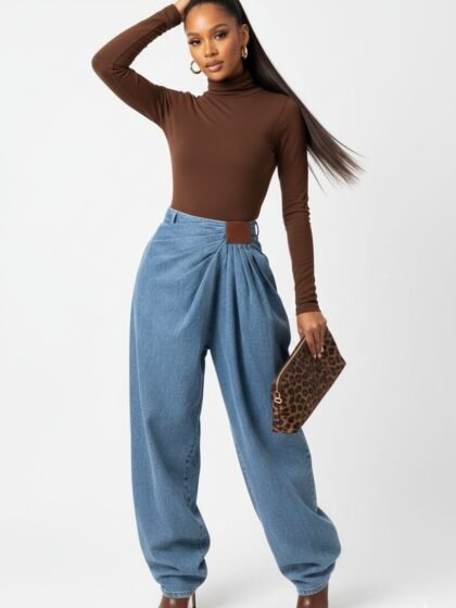 Pleated Wide-leg Denim Trousers