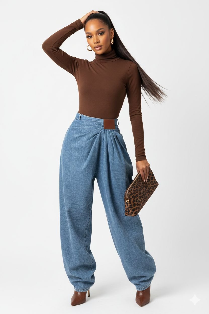 Pleated Wide-leg Denim Trousers