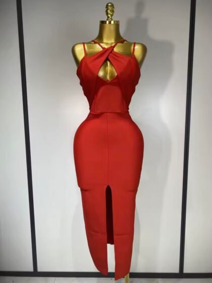 Sleeveless Hollow Out Split Backless Red Midi Bandage Dress