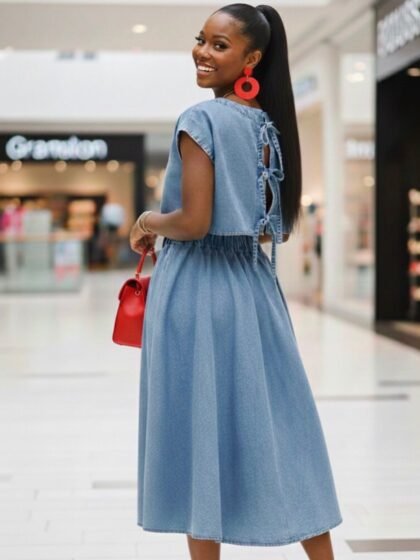 Denim Short Sleeve Back Tie Crop Top And Skirt Set