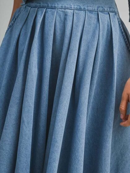 Denim Short Sleeve Back Tie Crop Top And Skirt Set