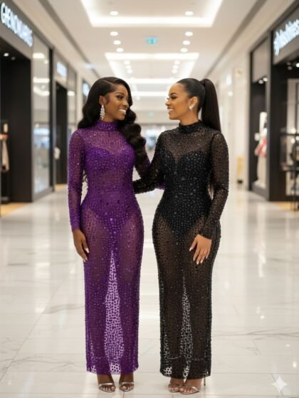 Rhinstones Long Sleeve Gown