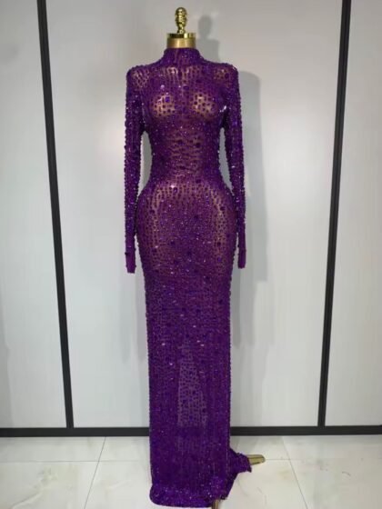 Rhinstones Long Sleeve Gown