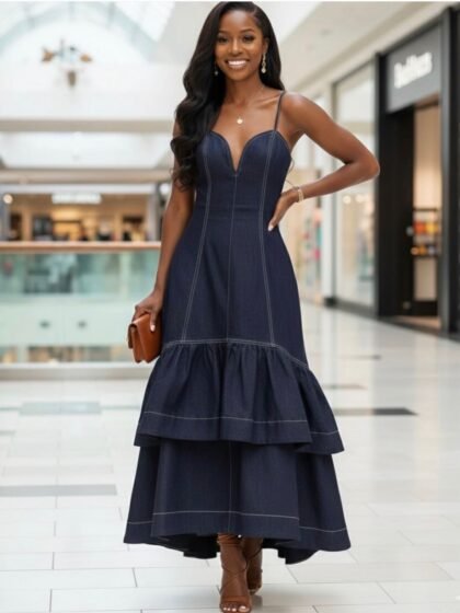 Layered Ruffle Detail Sleeveless Denim Midi Dress