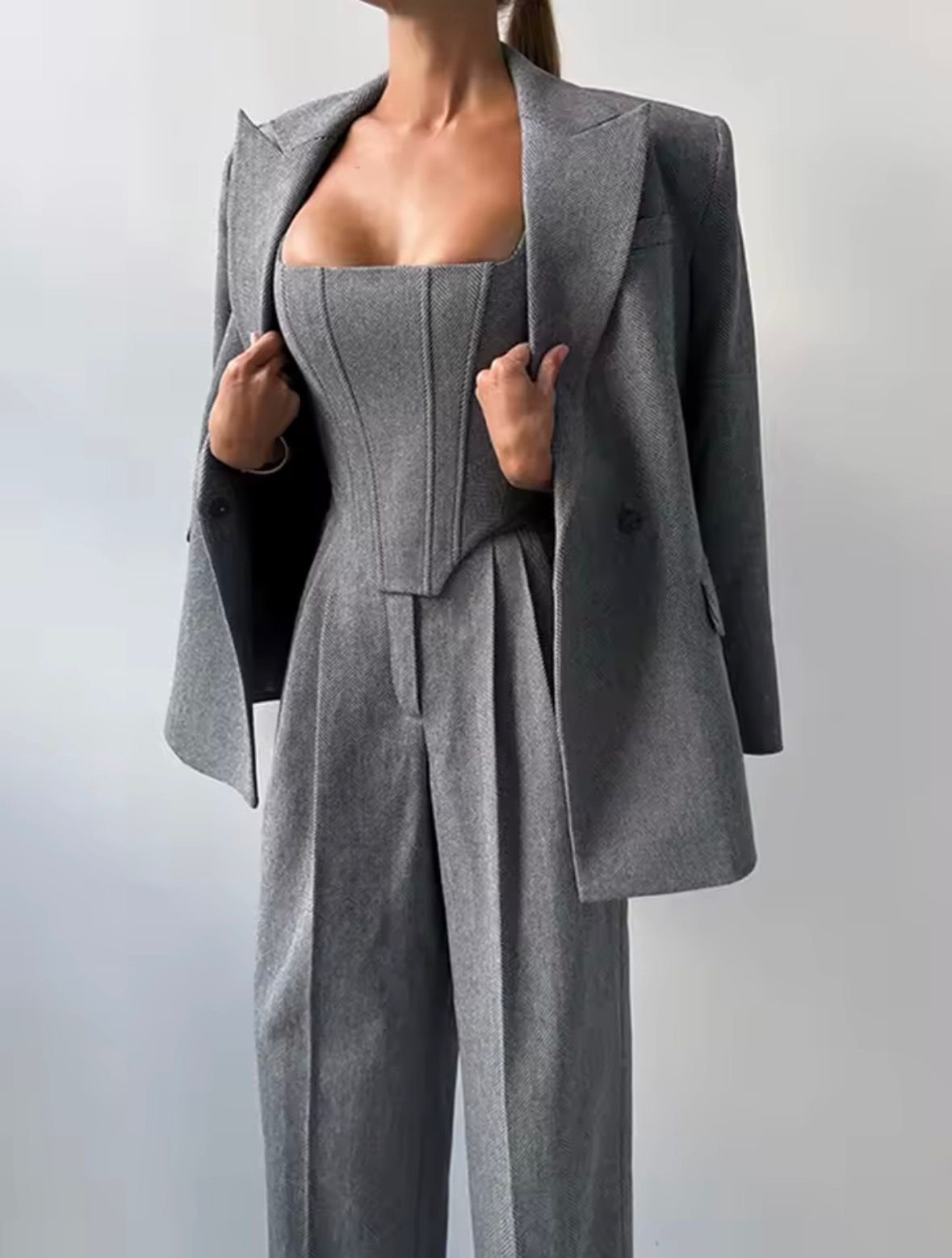 Solid Blazer Coats Pants 3 Pieces Sets