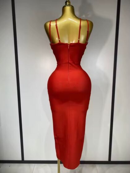 Sleeveless Hollow Out Split Backless Red Midi Bandage Dress