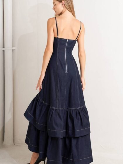 Layered Ruffle Detail Sleeveless Denim Midi Dress