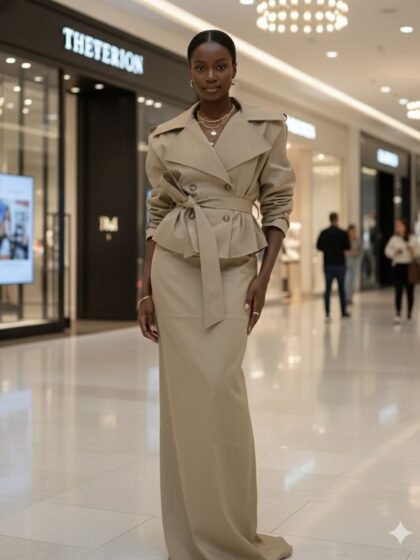 Lapel Long Sleeves Spliced Lace Up Top High Waist Skirt