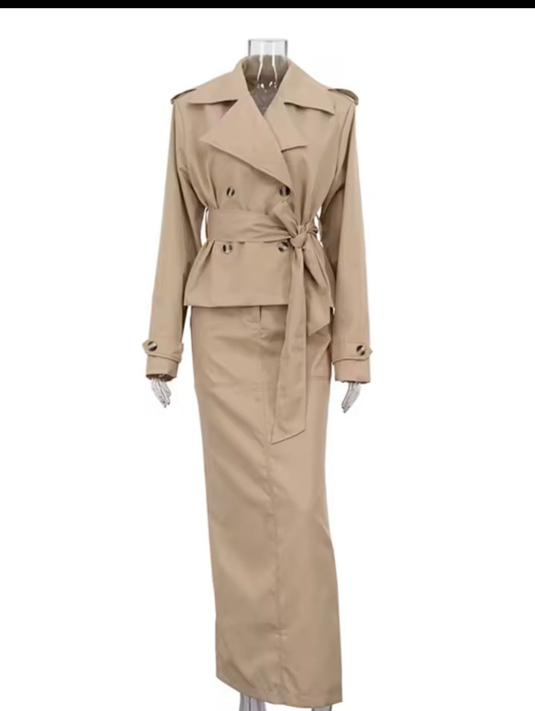 Lapel Long Sleeves Spliced Lace Up Top High Waist Skirt