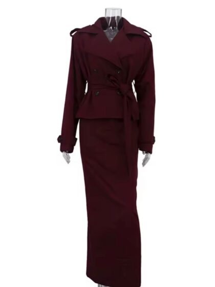 Lapel Long Sleeves Spliced Lace Up Top High Waist Skirt