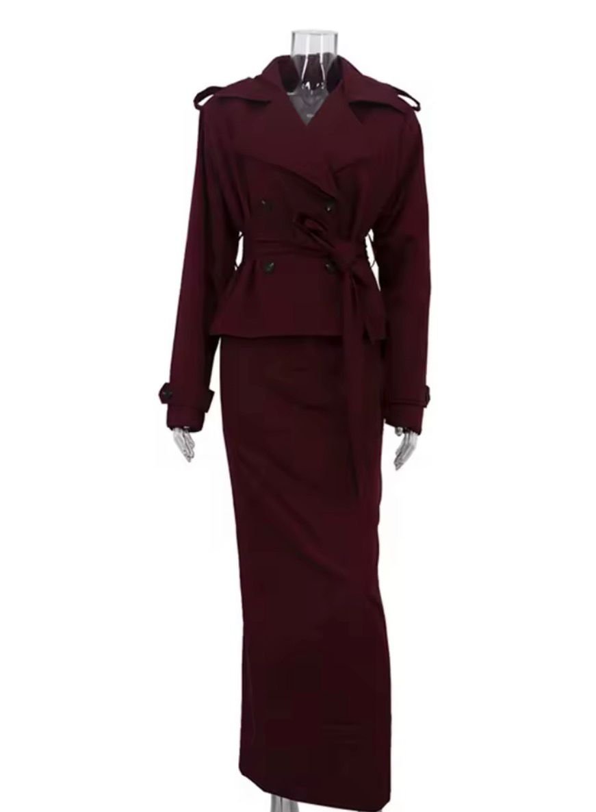 Lapel Long Sleeves Spliced Lace Up Top High Waist Skirt