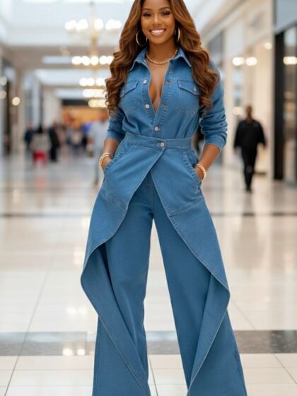 Stretchy Denim Jumpsuit Denim Ruffle