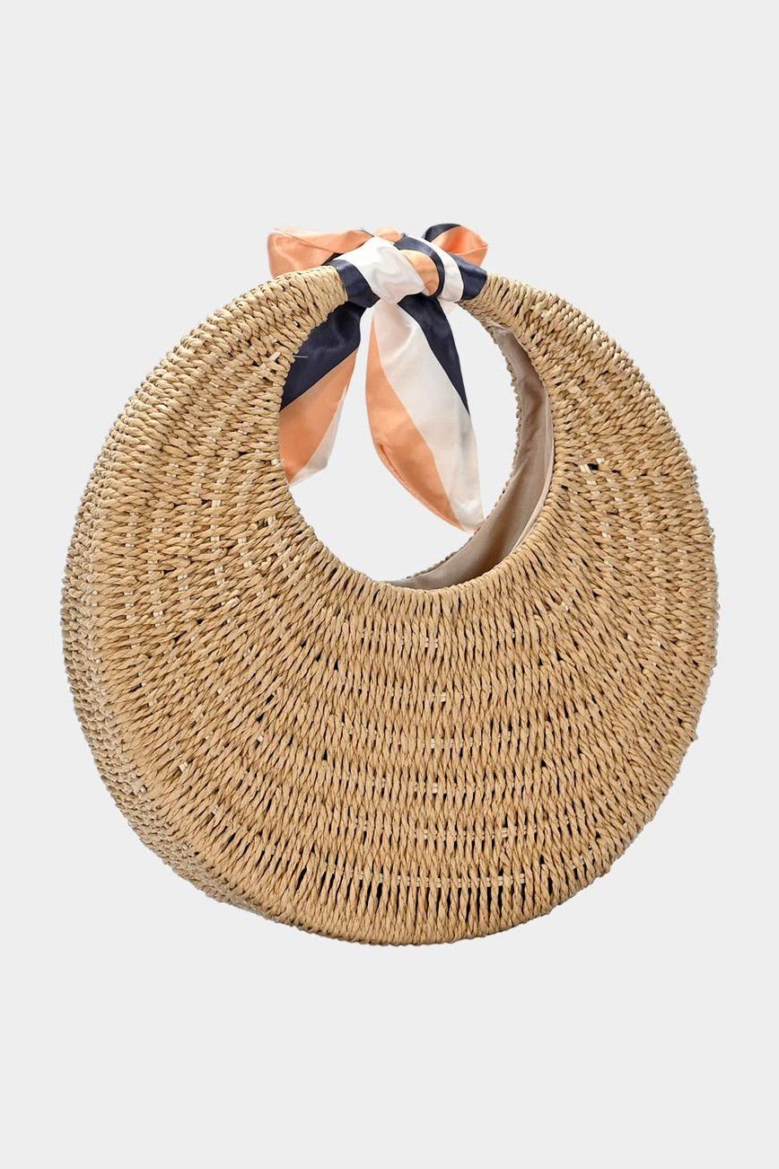 Straw Round Ribbon Handle Tote Bag