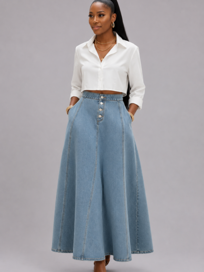 Single-Breasted Denim Skirt