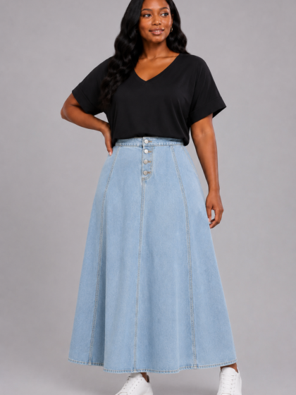 Single-Breasted Denim Skirton