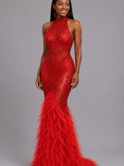 Rhinestone Feather Mesh Dress